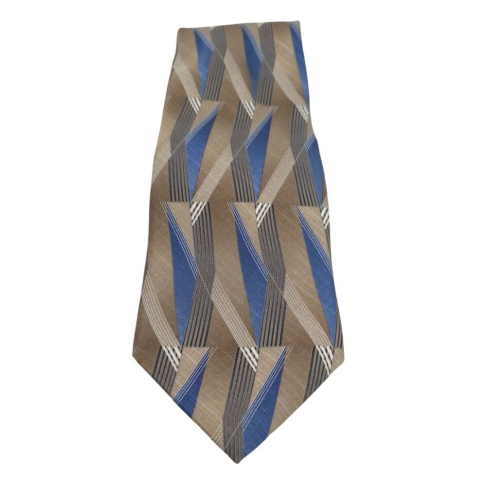 Essante Men's Geometric Brown & Blue Wide Silk Tie With Bold Stripes